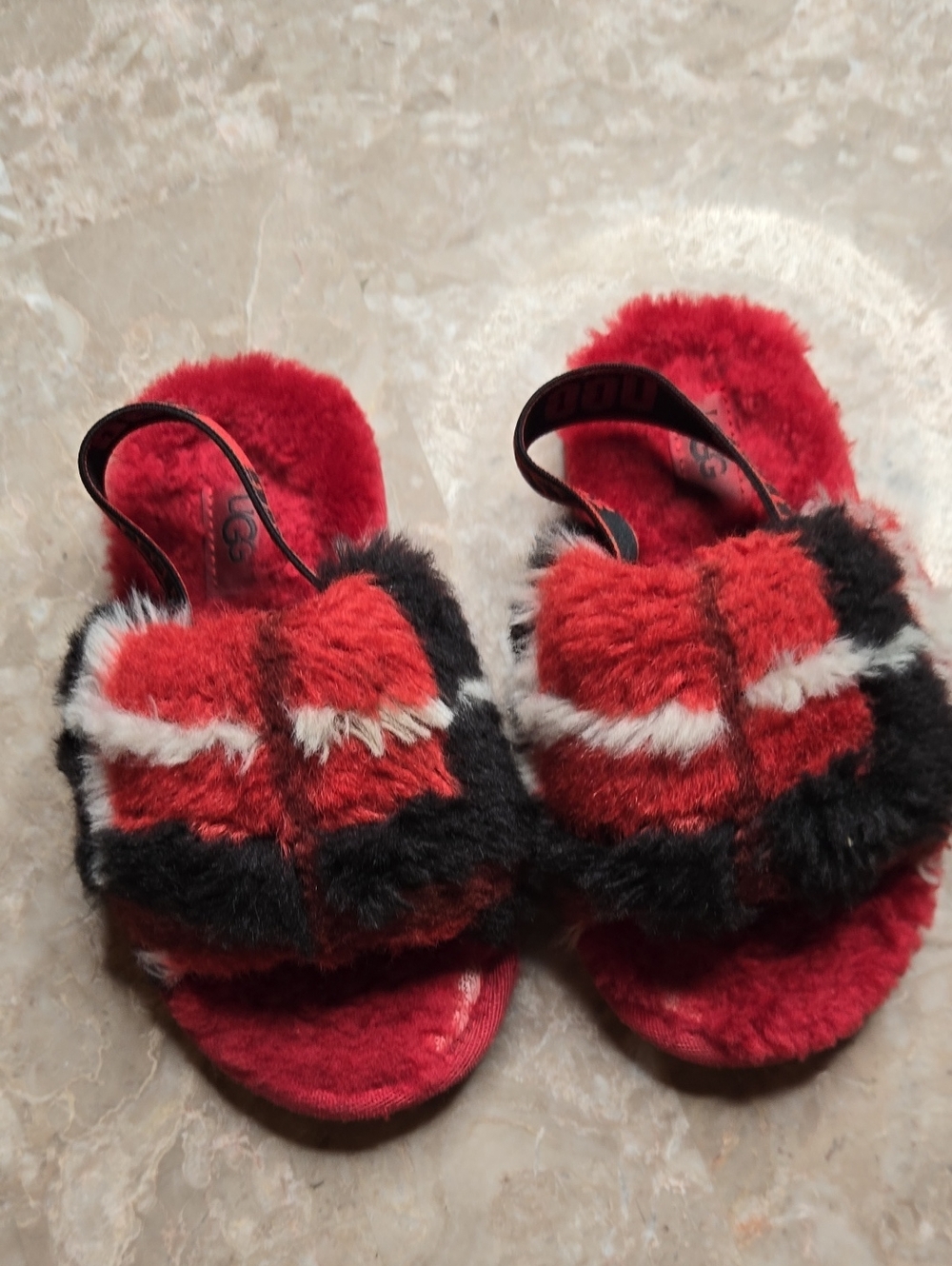 UGG Kids Red, Black & White Fuzzy Slide Sandals